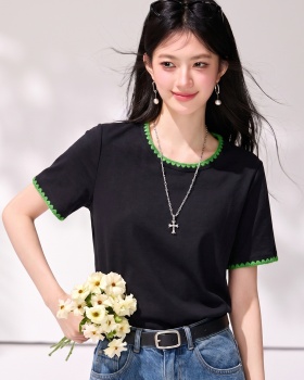 Embroidery round neck tops summer simple T-shirt for women