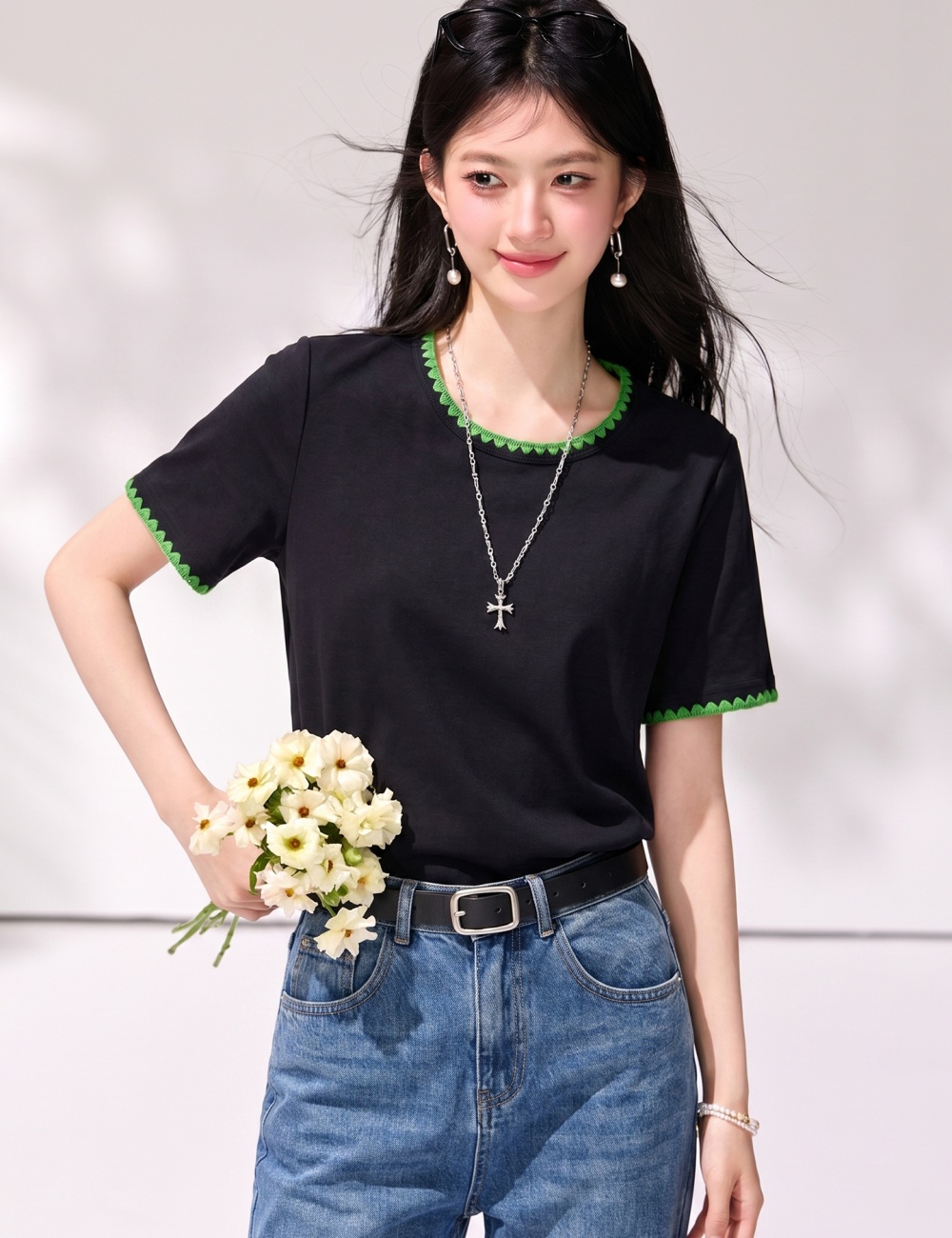 Embroidery round neck tops summer simple T-shirt for women