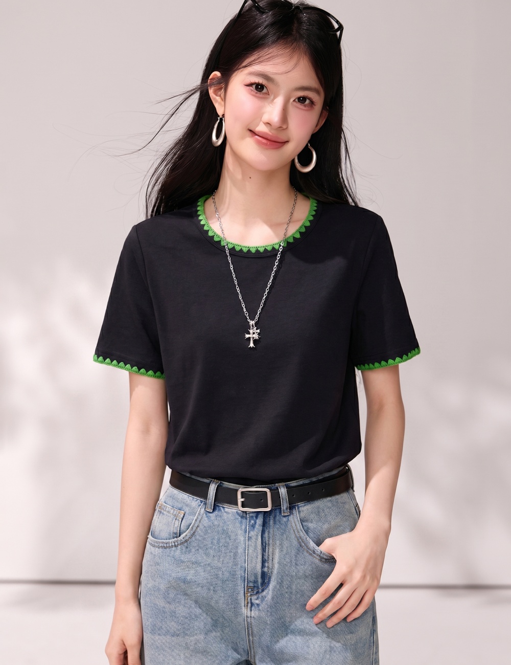 Embroidery round neck tops summer simple T-shirt for women