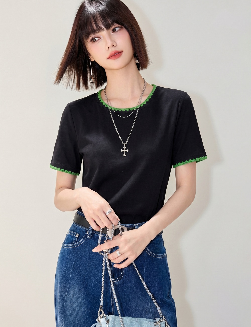 Embroidery round neck tops summer simple T-shirt for women