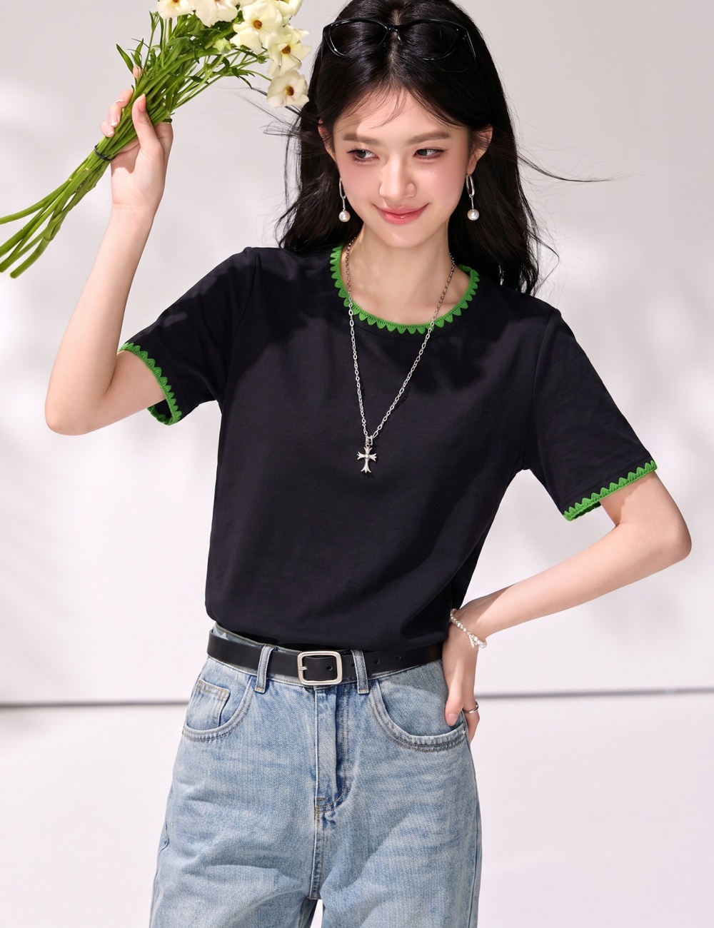 Embroidery round neck tops summer simple T-shirt for women