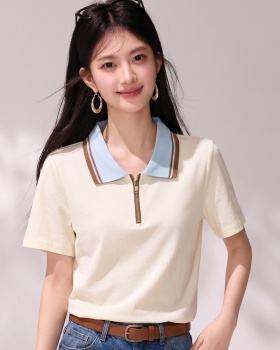 Half zip slim tops summer short sleeve T-shirt for women