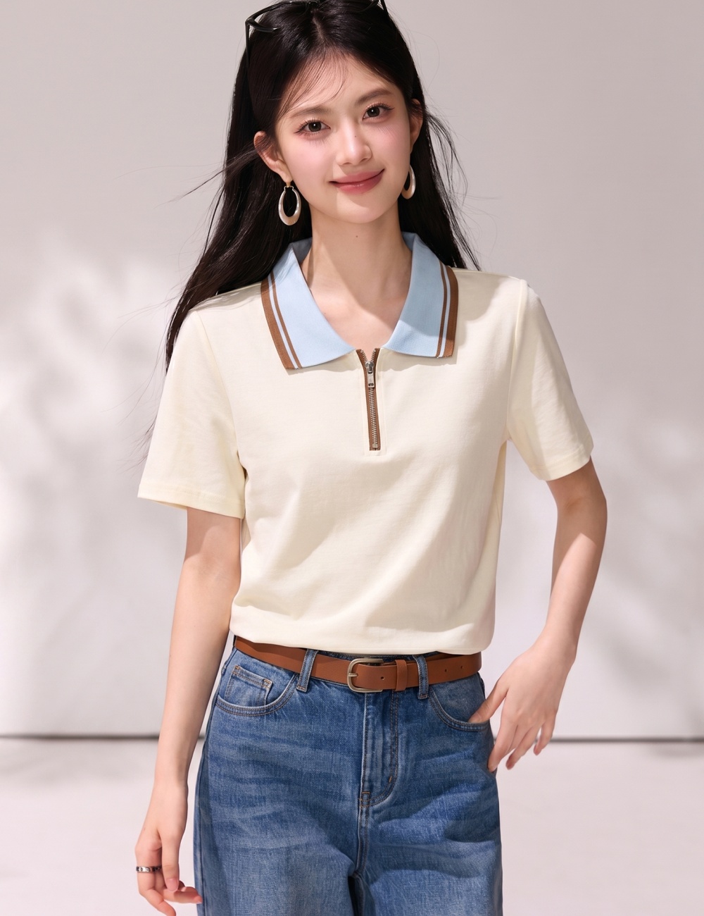 Half zip slim tops summer short sleeve T-shirt for women