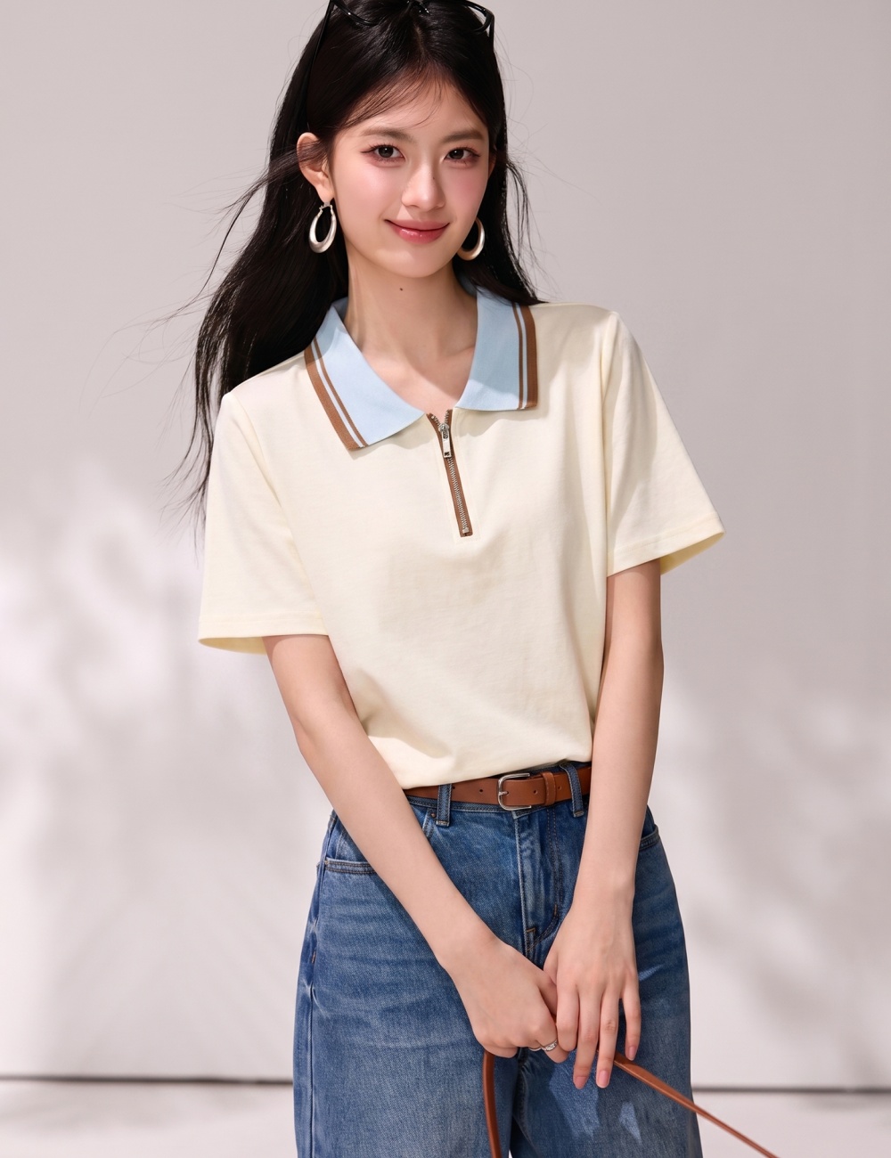 Half zip slim tops summer short sleeve T-shirt for women