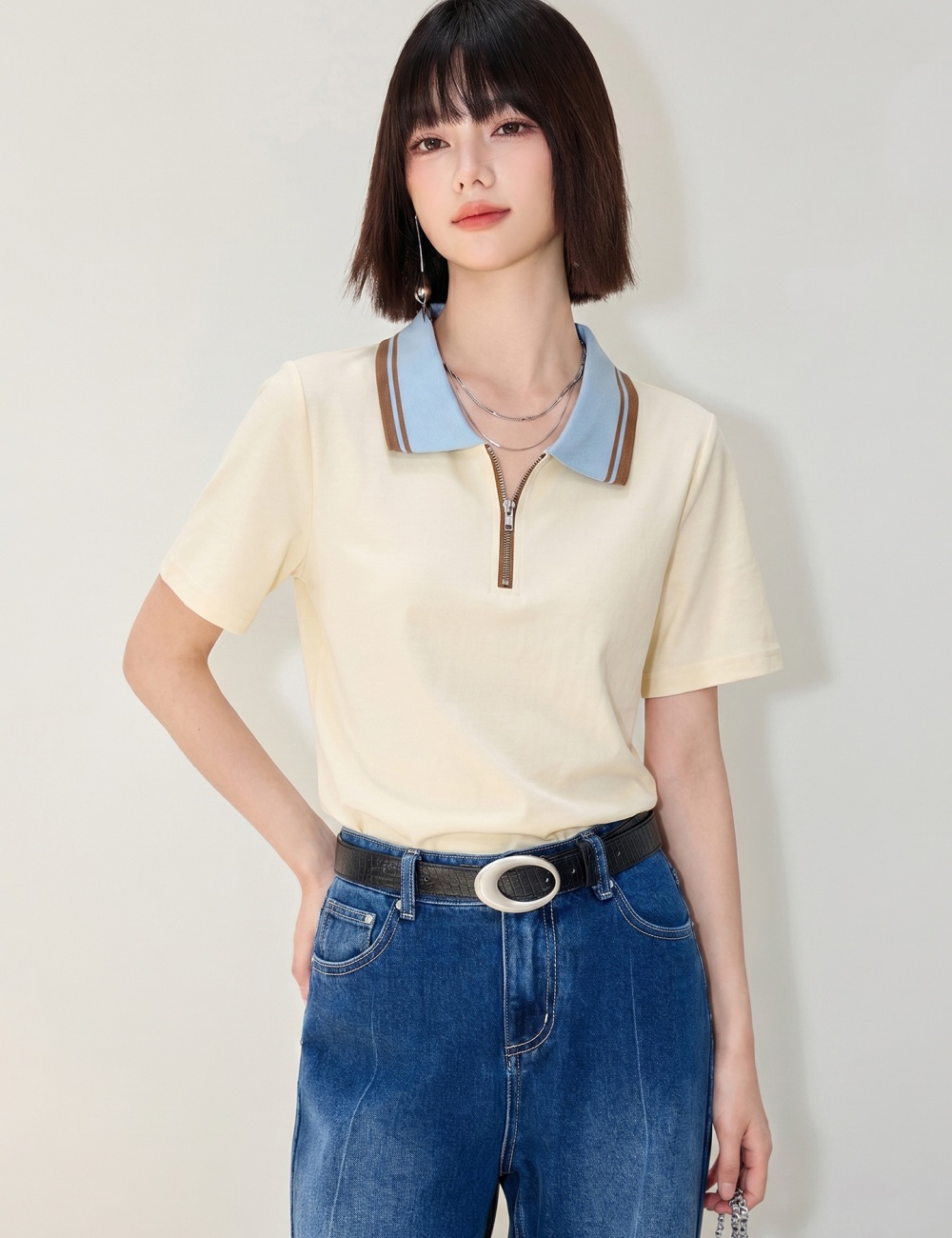 Half zip slim tops summer short sleeve T-shirt for women