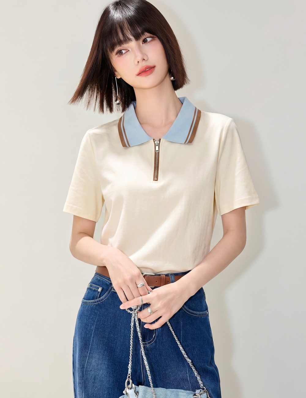 Half zip slim tops summer short sleeve T-shirt for women