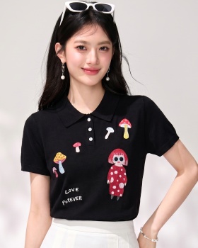Lapel embroidery tops summer T-shirt for women