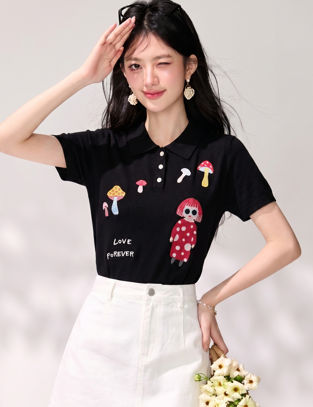 Lapel embroidery tops summer T-shirt for women