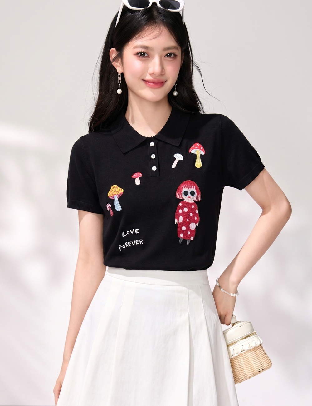 Lapel embroidery tops summer T-shirt for women