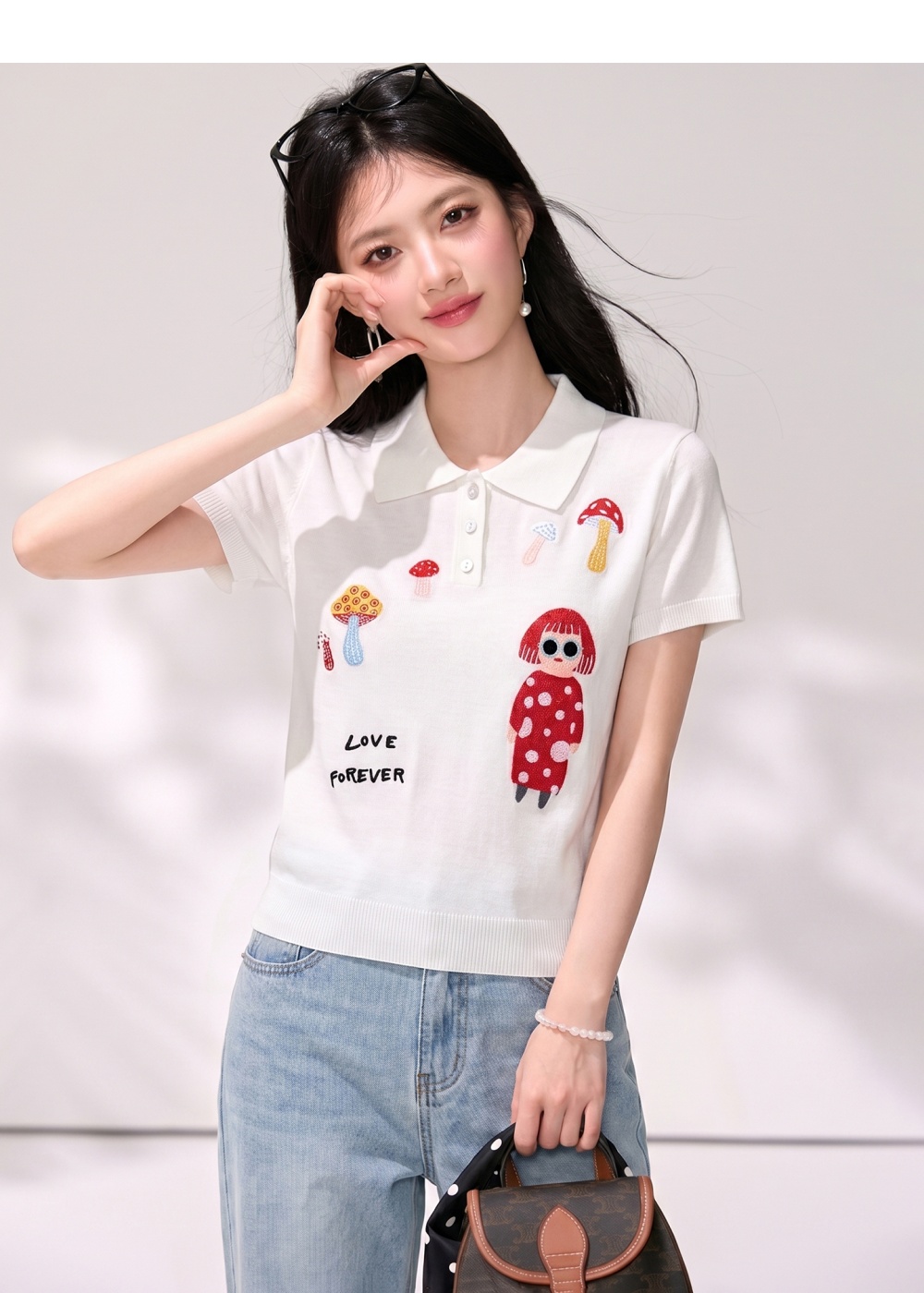 Lapel embroidery tops summer T-shirt for women