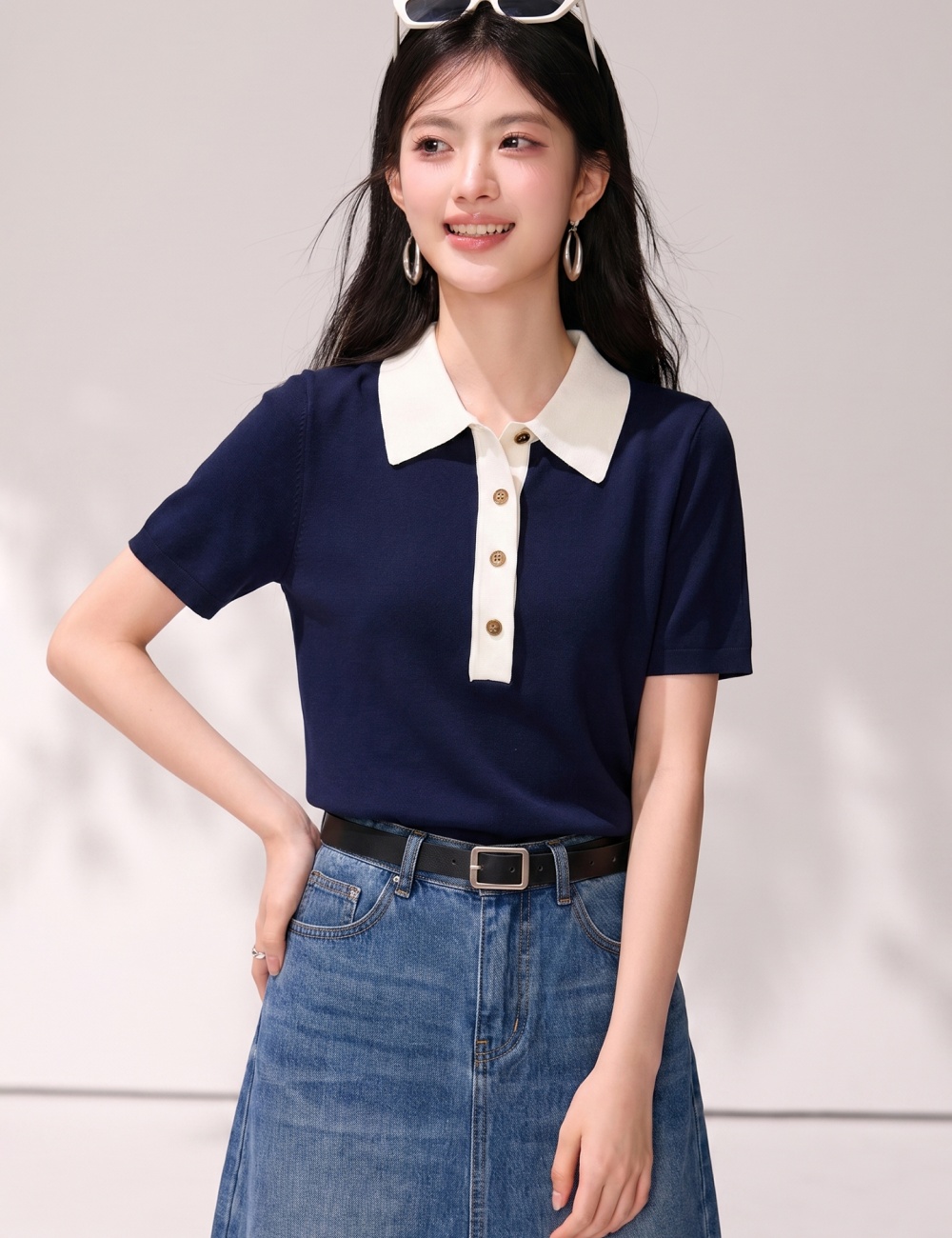 Blue thin T-shirt summer sweater for women