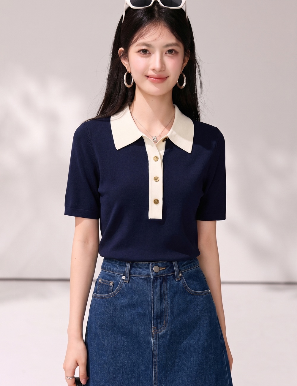 Blue thin T-shirt summer sweater for women