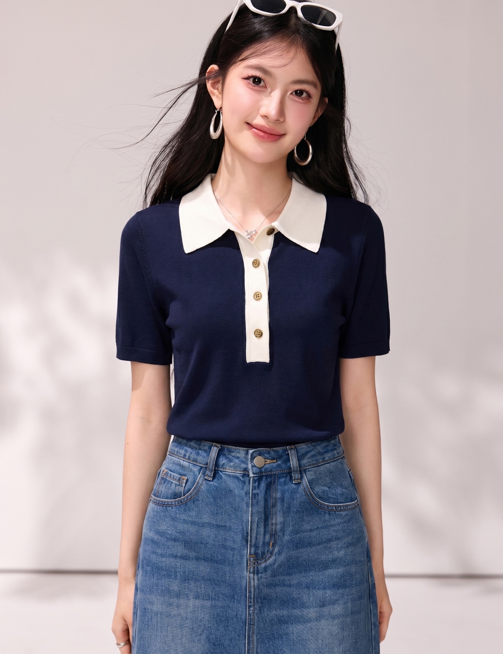 Blue thin T-shirt summer sweater for women