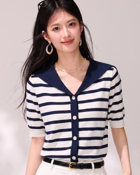 Knitted short sleeve tops stripe thin cardigan for women