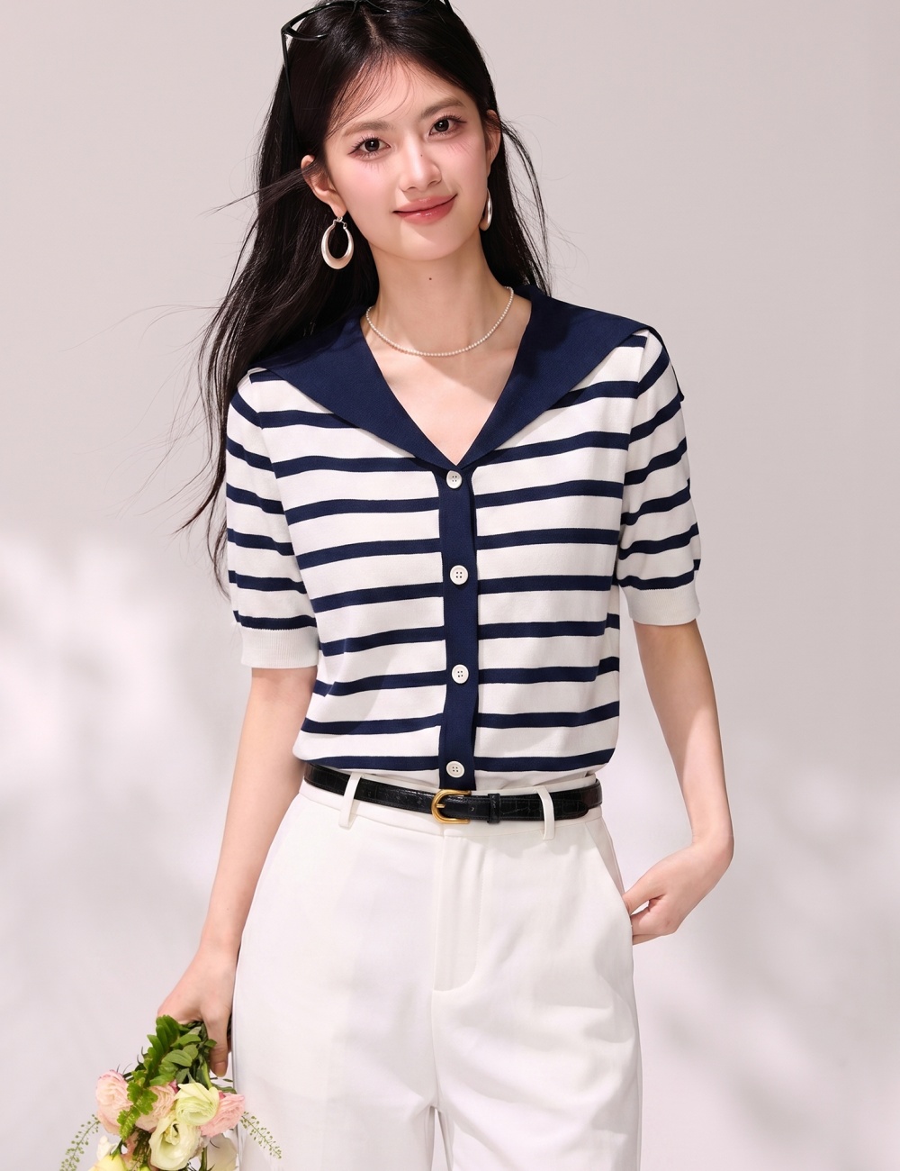Knitted short sleeve tops stripe thin cardigan for women