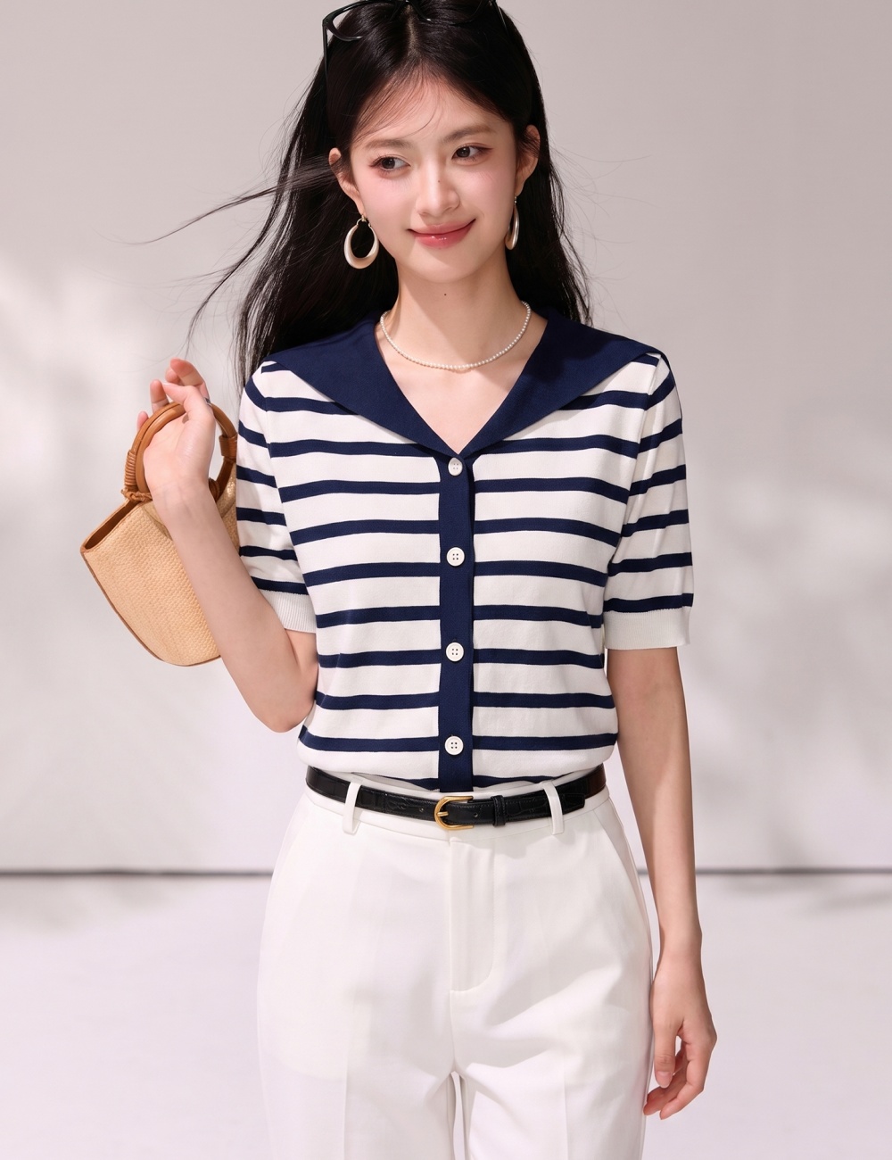 Knitted short sleeve tops stripe thin cardigan for women