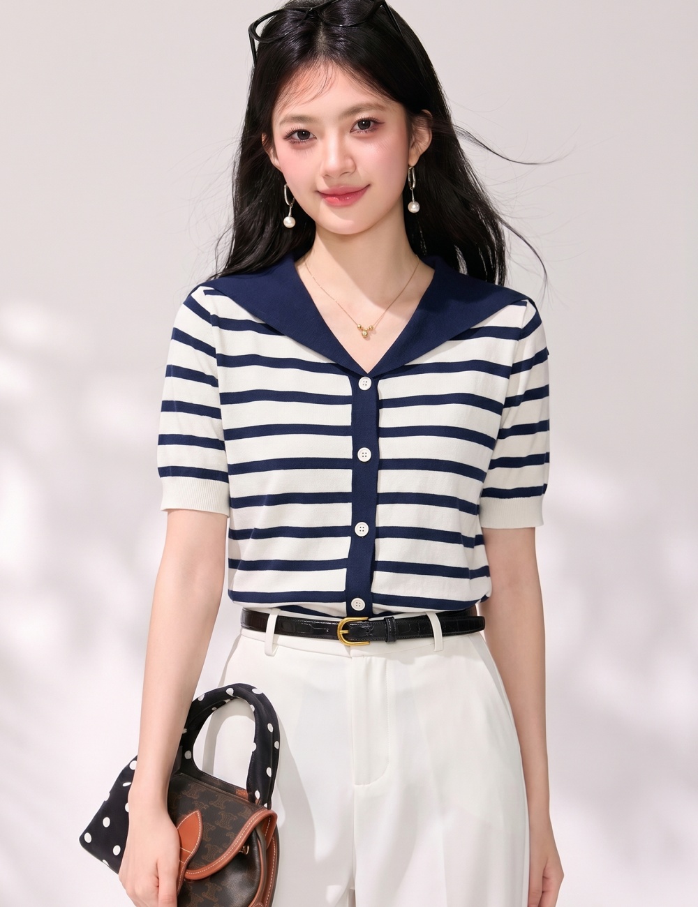 Knitted short sleeve tops stripe thin cardigan for women