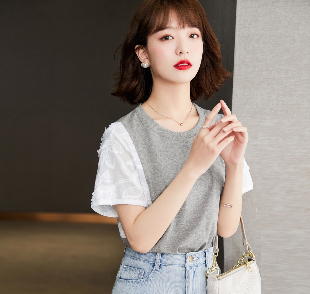 Splice round neck summer T-shirt niche unique tops for women