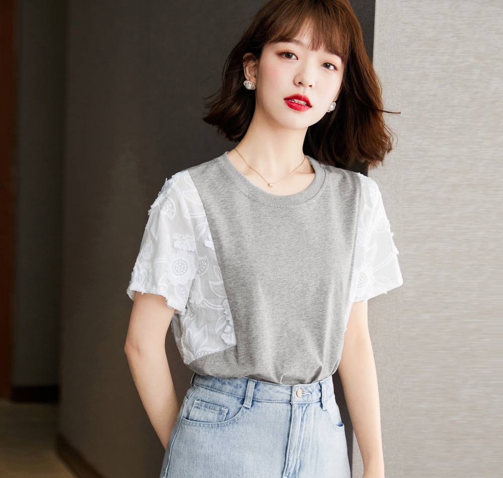 Splice round neck summer T-shirt niche unique tops for women