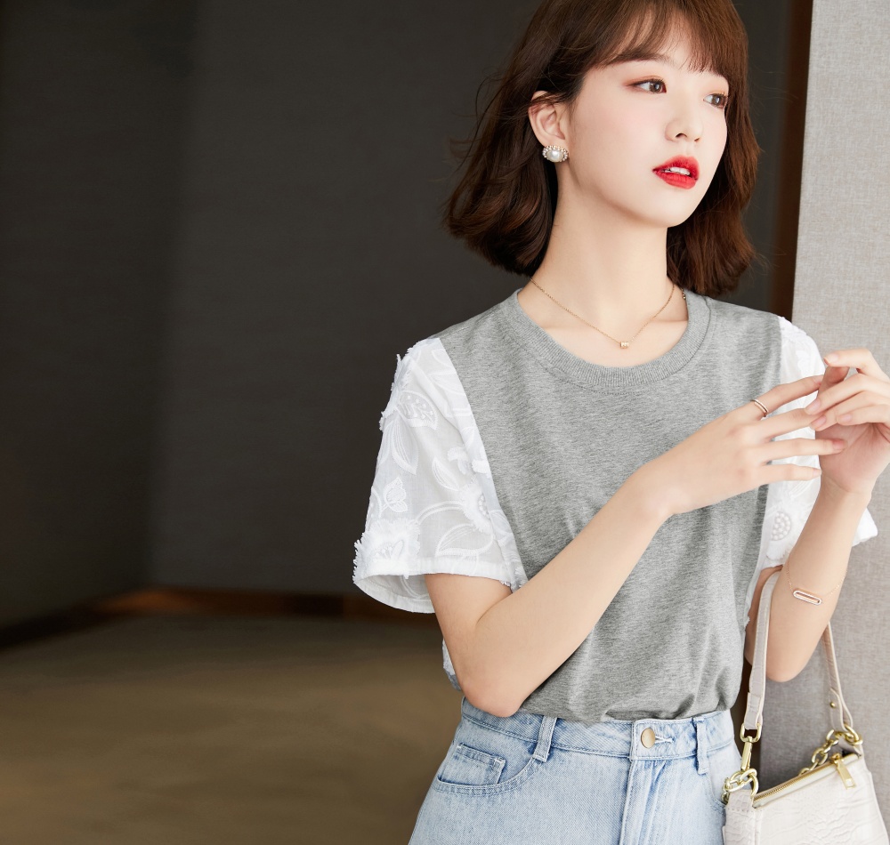 Splice round neck summer T-shirt niche unique tops for women
