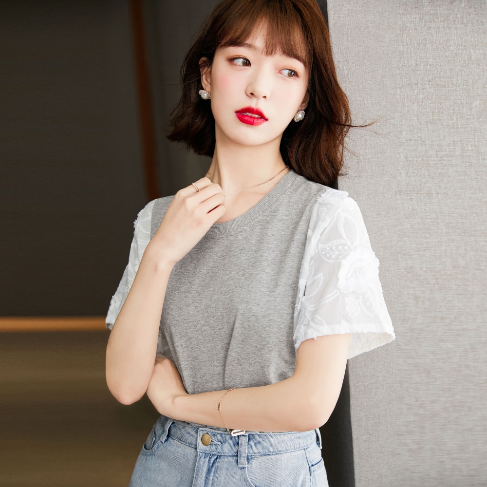 Splice round neck summer T-shirt niche unique tops for women