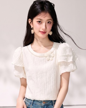 Western style pearl collar T-shirt puff sleeve tops for women
