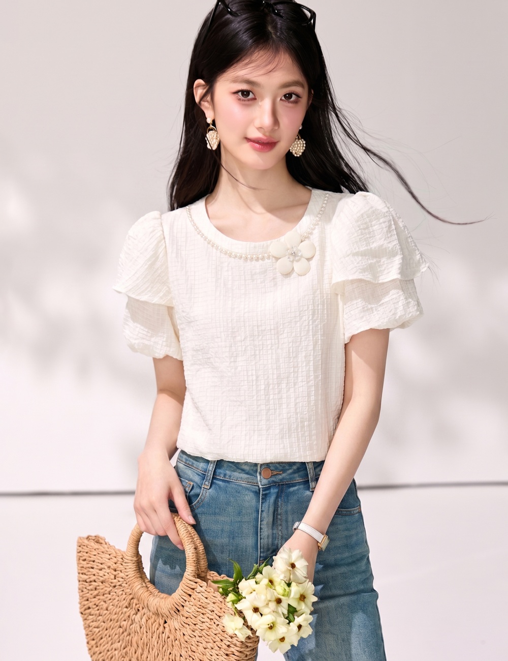 Western style pearl collar T-shirt puff sleeve tops for women