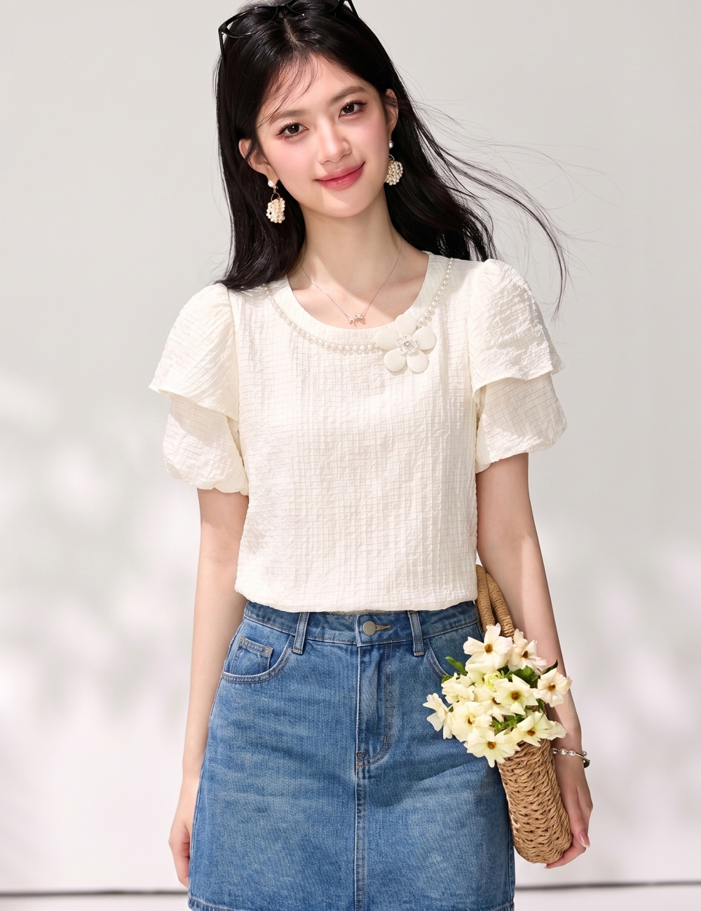 Western style pearl collar T-shirt puff sleeve tops for women