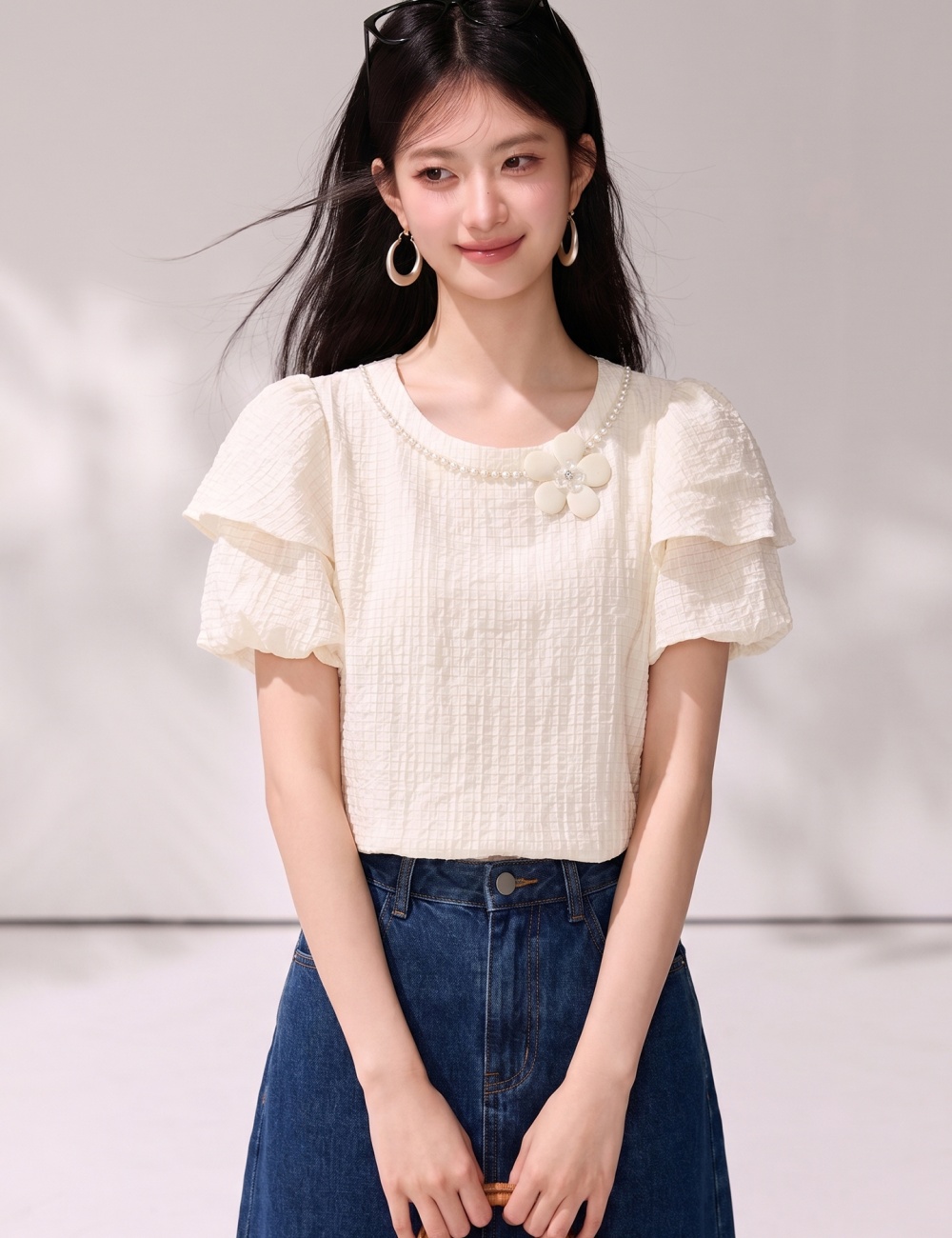 Western style pearl collar T-shirt puff sleeve tops for women