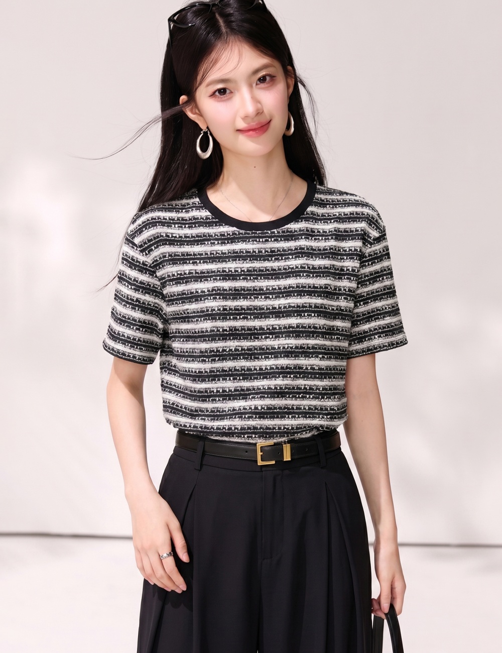 Fashion summer tops stripe round neck T-shirt for women