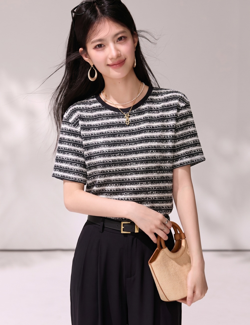 Fashion summer tops stripe round neck T-shirt for women