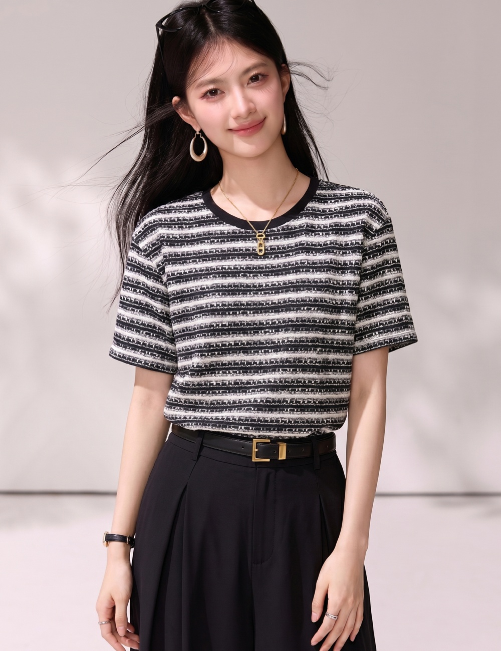 Fashion summer tops stripe round neck T-shirt for women