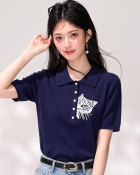 Navy-blue slim tops short sleeve T-shirt for women