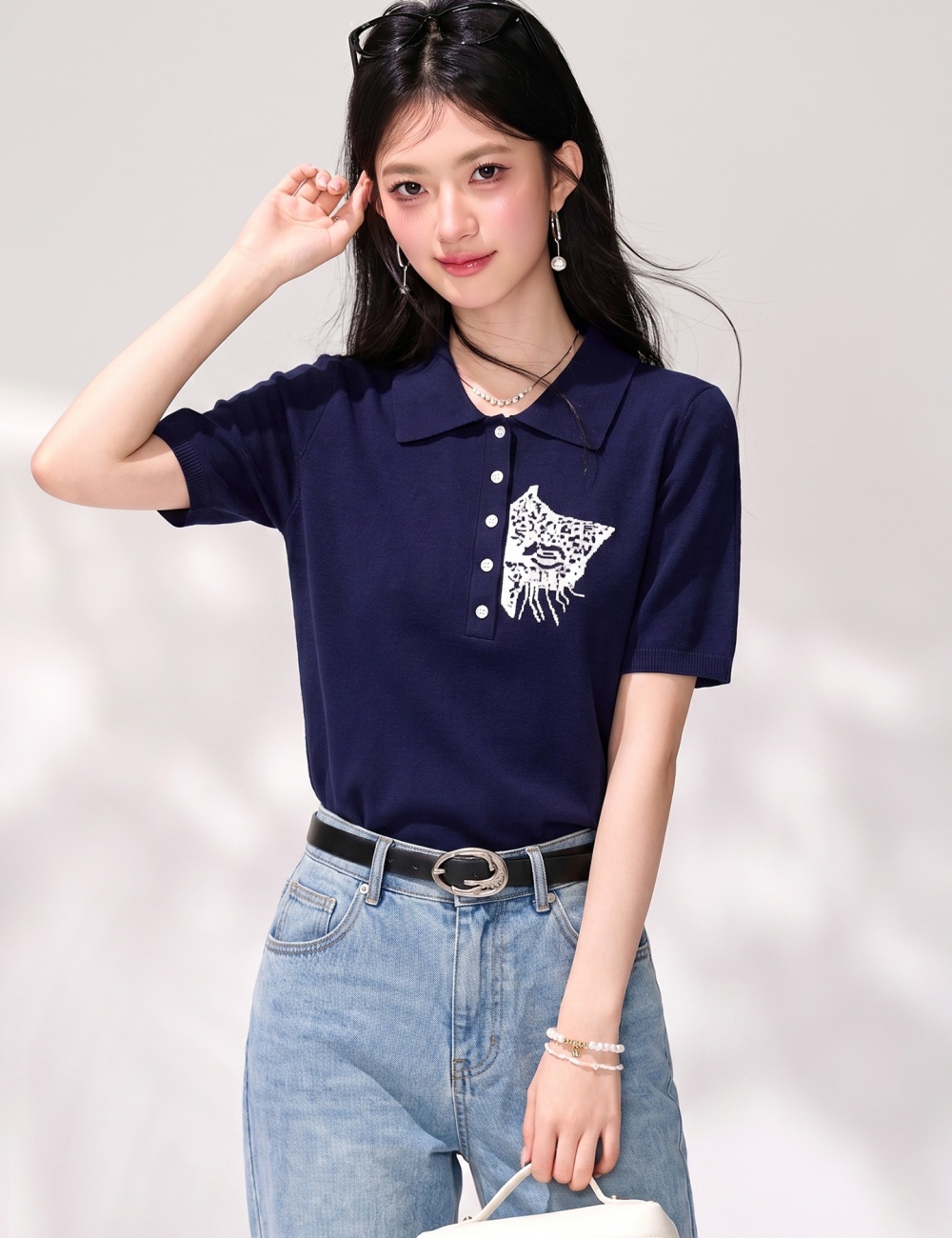 Navy-blue slim tops short sleeve T-shirt for women