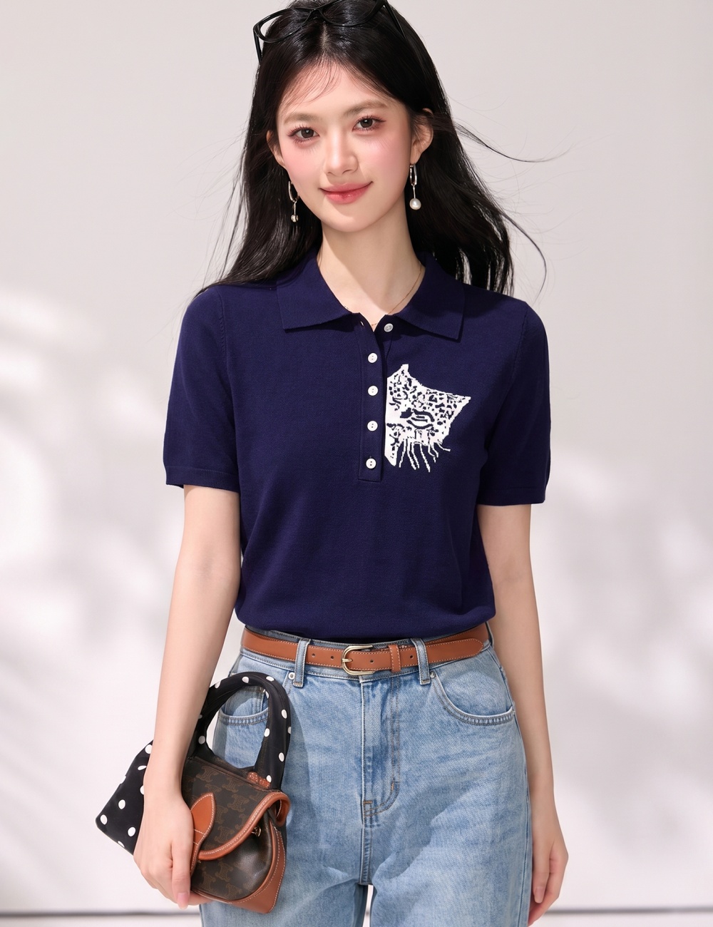 Navy-blue slim tops short sleeve T-shirt for women