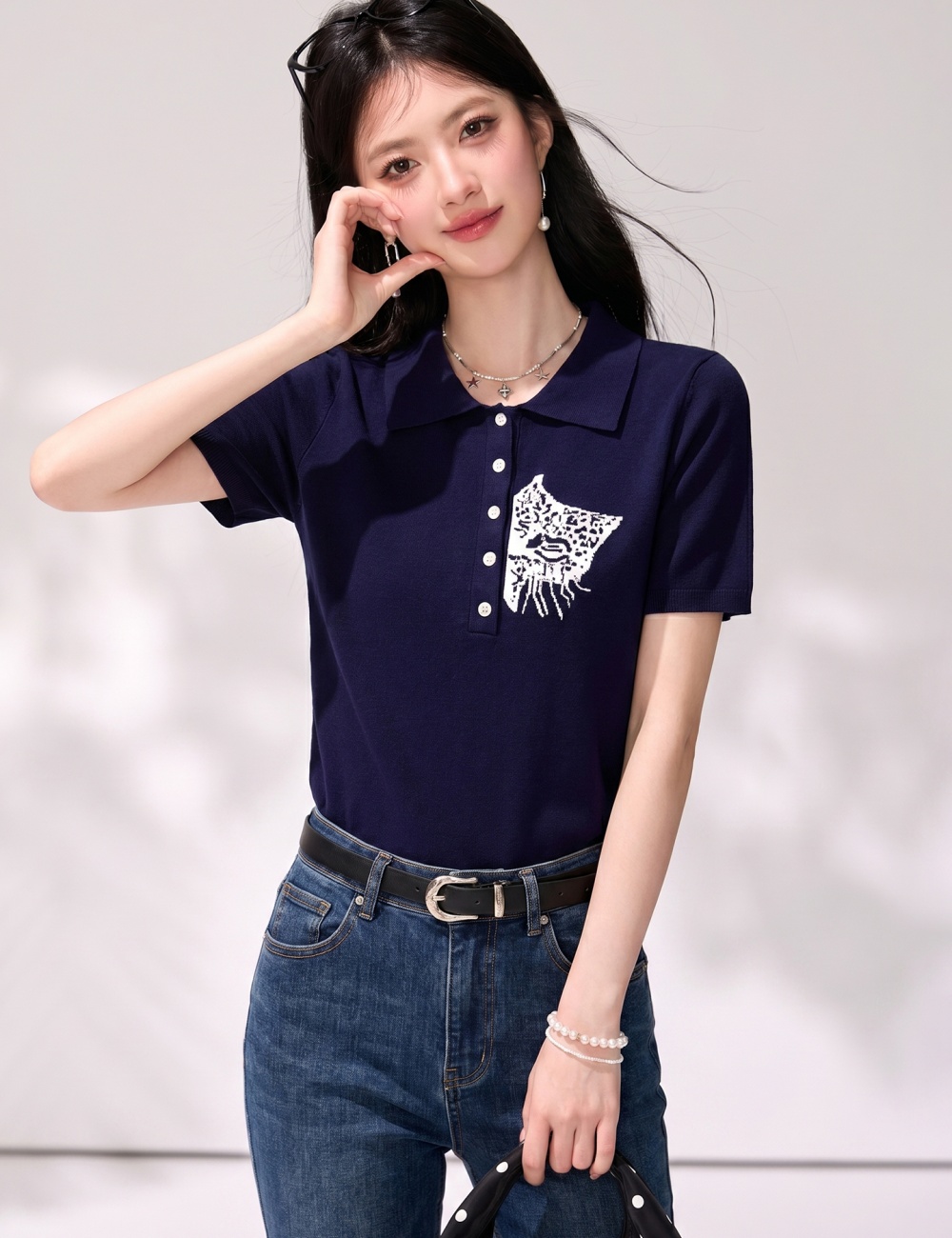 Navy-blue slim tops short sleeve T-shirt for women