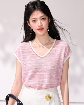 Pink mixed colors sweet tops summer stripe V-neck sweater