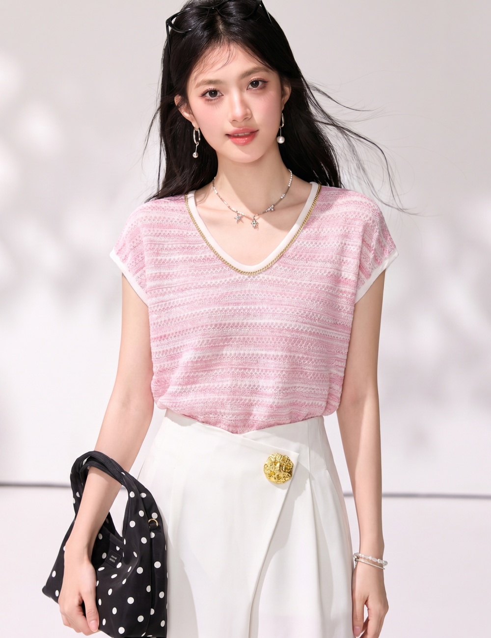 Pink mixed colors sweet tops summer stripe V-neck sweater