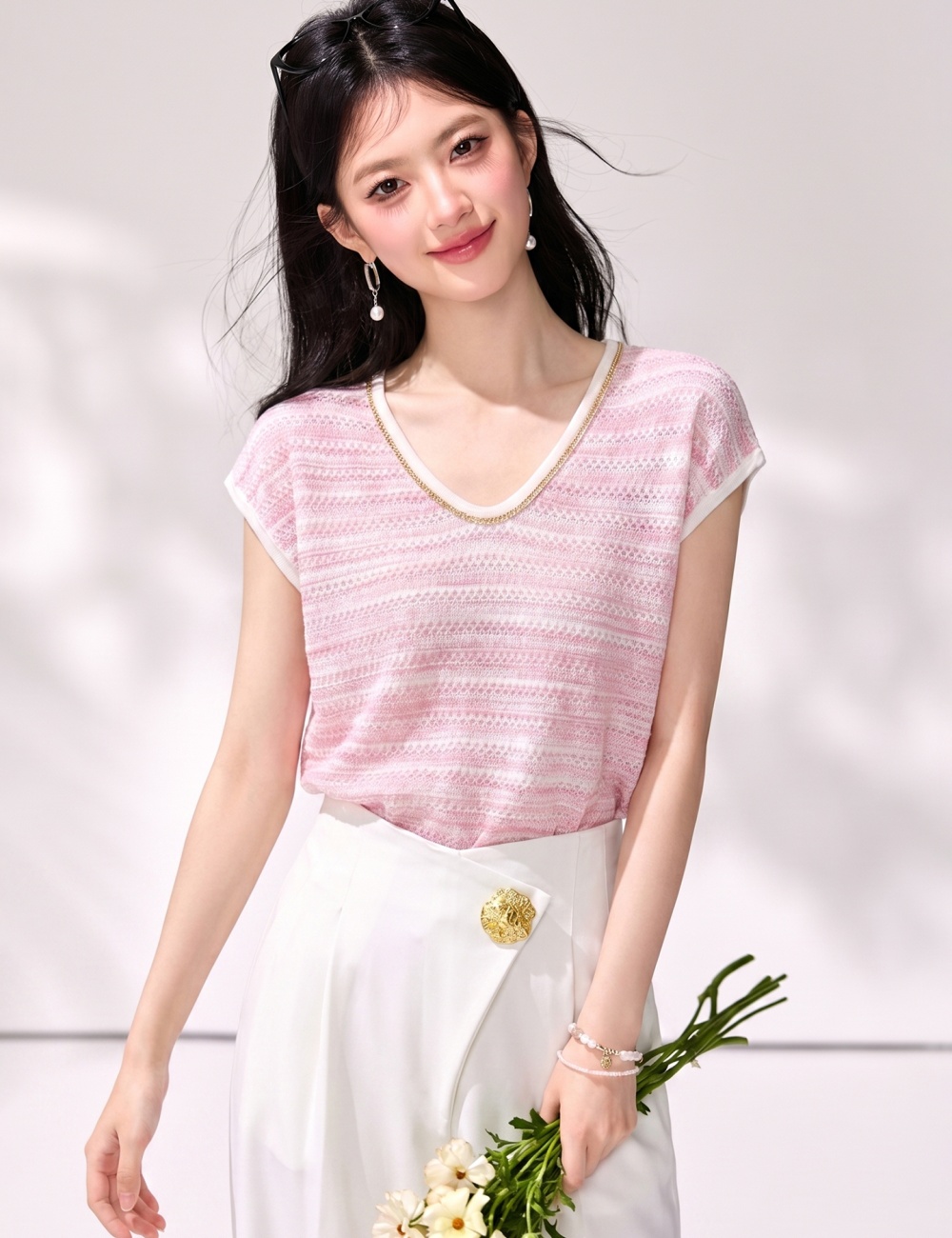 Pink mixed colors sweet tops summer stripe V-neck sweater