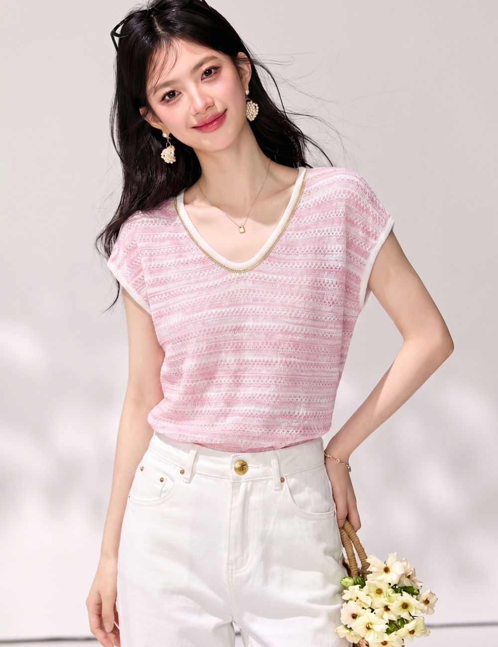 Pink mixed colors sweet tops summer stripe V-neck sweater