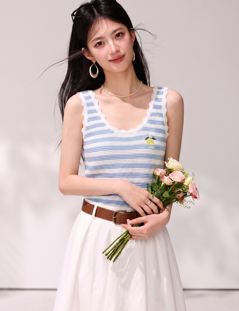 Korean style knitted tops stripe lace vest for women