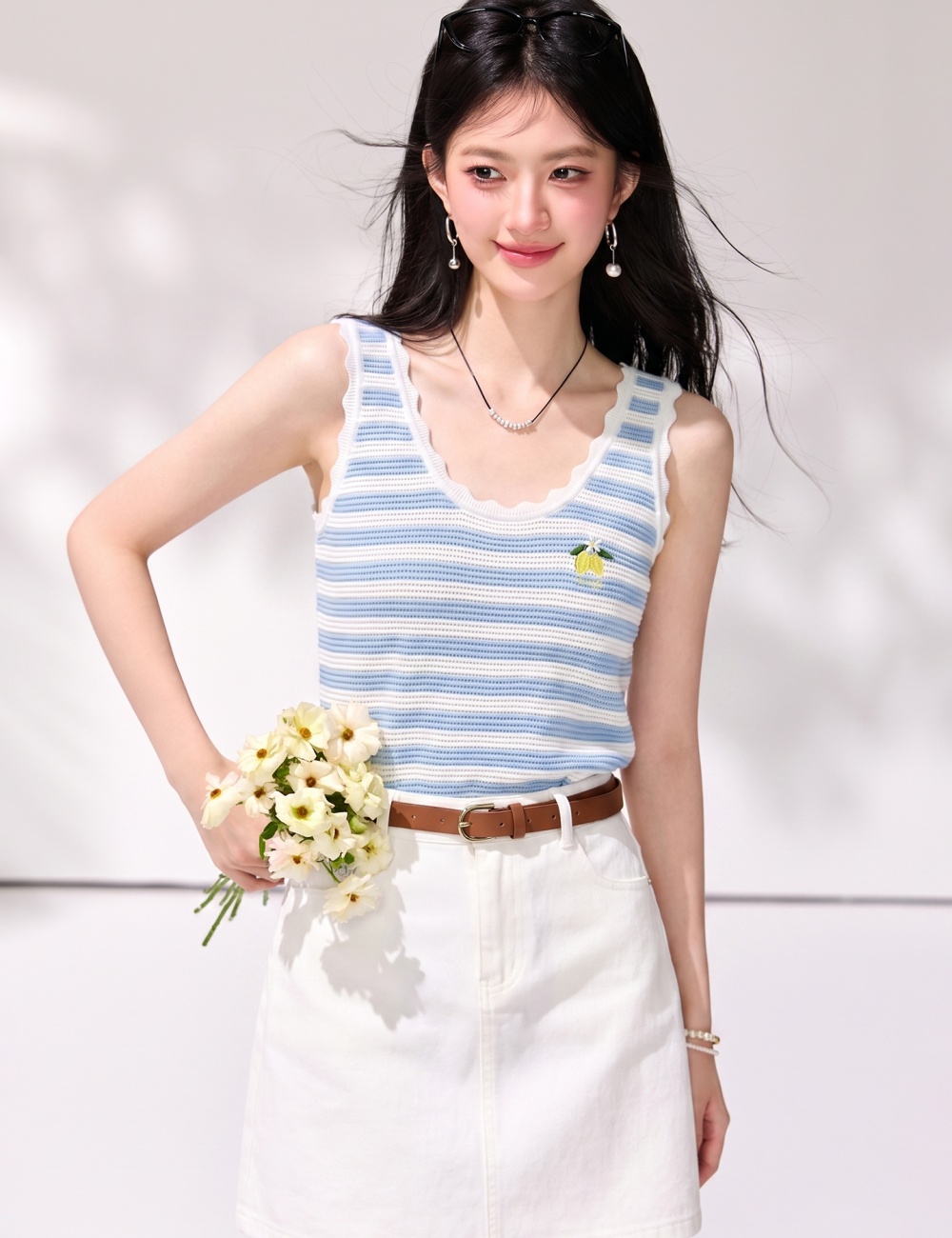 Korean style knitted tops stripe lace vest for women