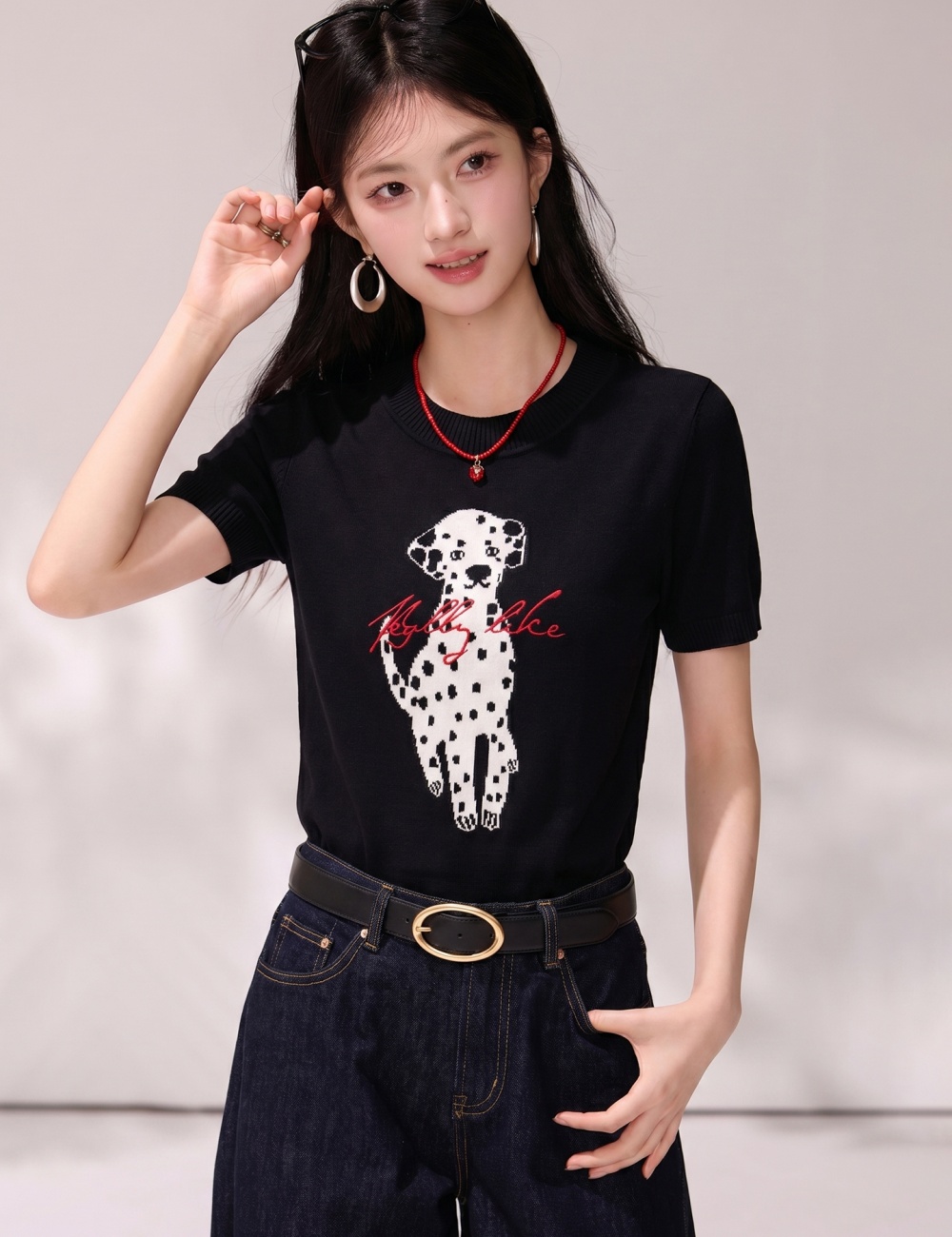 Thin breathable tops spots knitted T-shirt for women