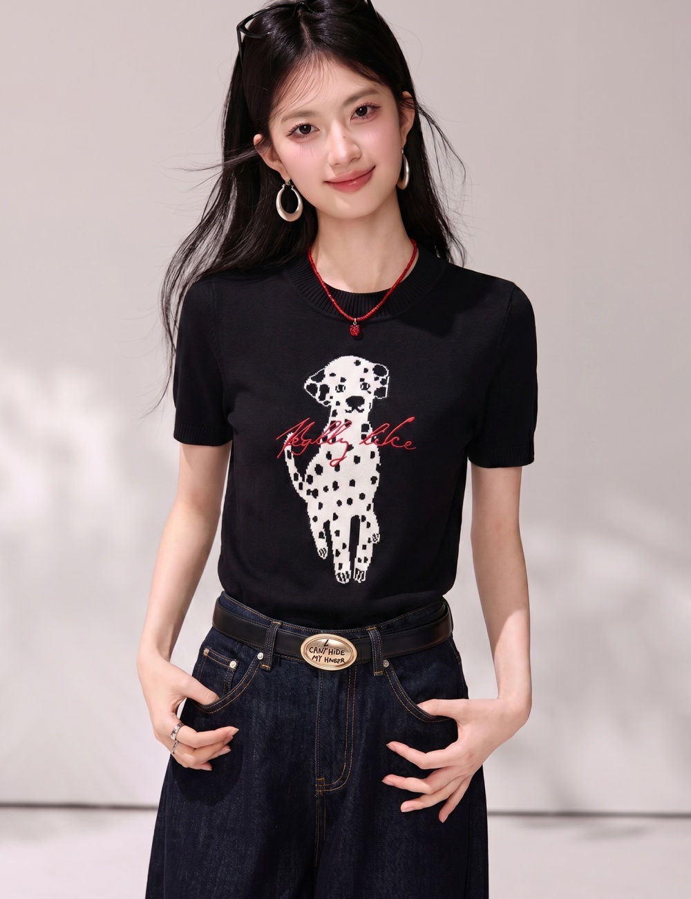 Thin breathable tops spots knitted T-shirt for women