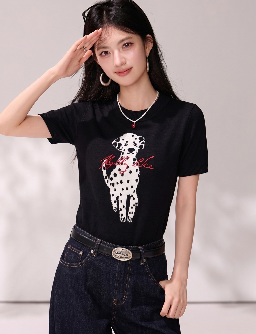 Thin breathable tops spots knitted T-shirt for women