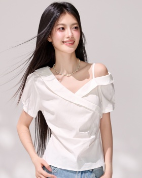 Asymmetry strapless shirt fold pinched waist tops for women