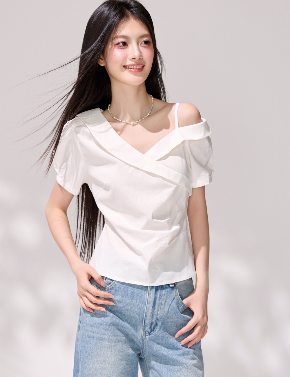 Asymmetry strapless shirt fold pinched waist tops for women