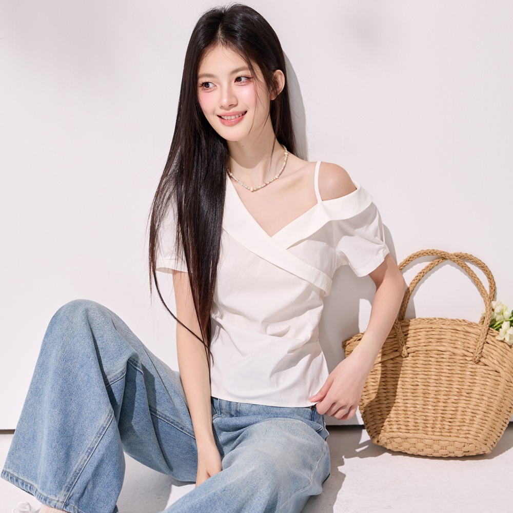 Asymmetry strapless shirt fold pinched waist tops for women