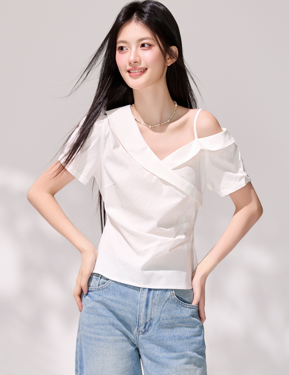 Asymmetry strapless shirt fold pinched waist tops for women