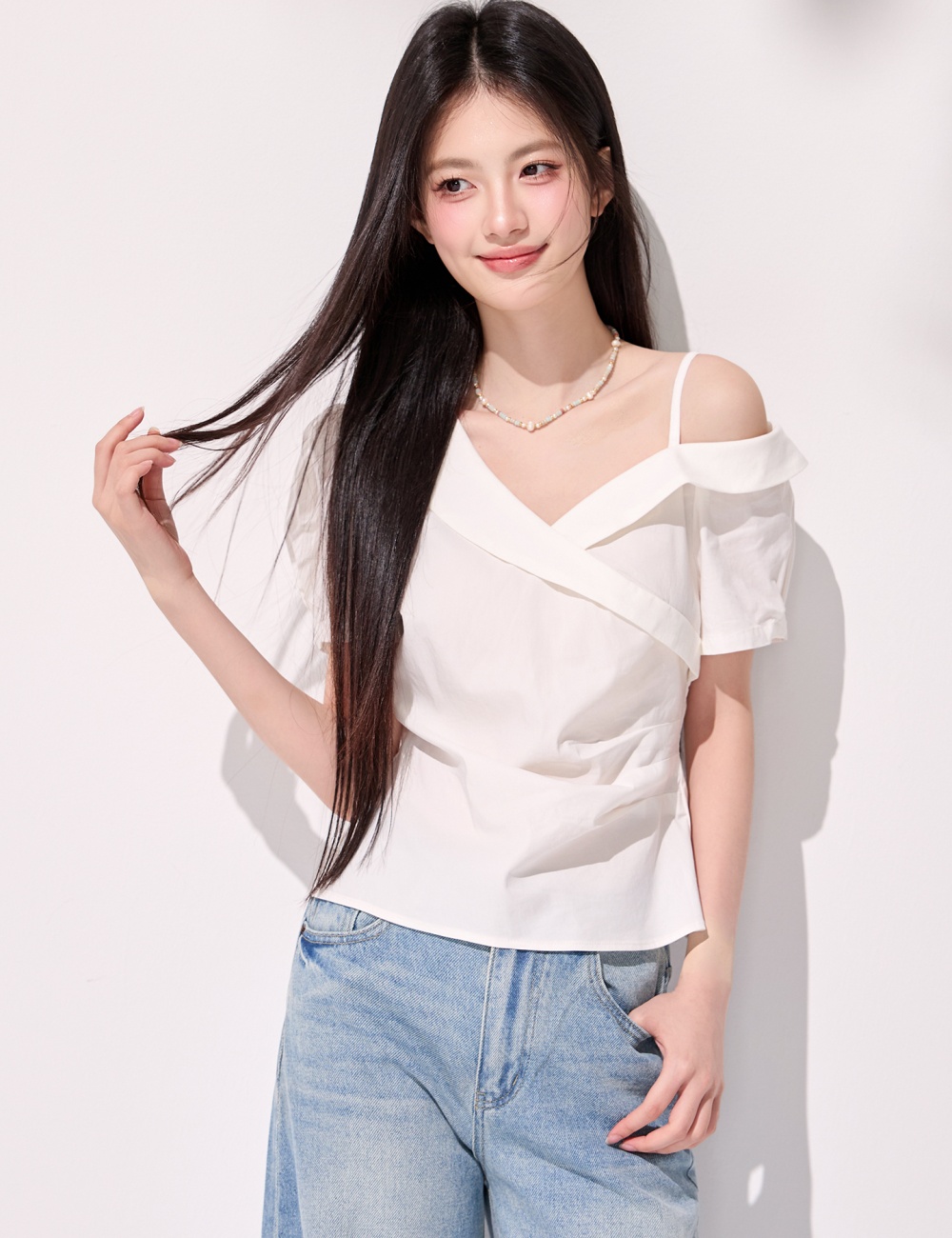 Asymmetry strapless shirt fold pinched waist tops for women